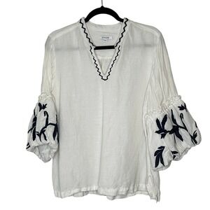 Chicos White Linen Blend Embroidered Bell Sleeve V Neck Top Size 3 US XL